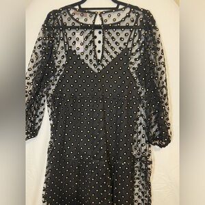LOFT Sheer Shimmer Gold Dot Tiered Swing Dress with Slip Long Sleeve Small NWT